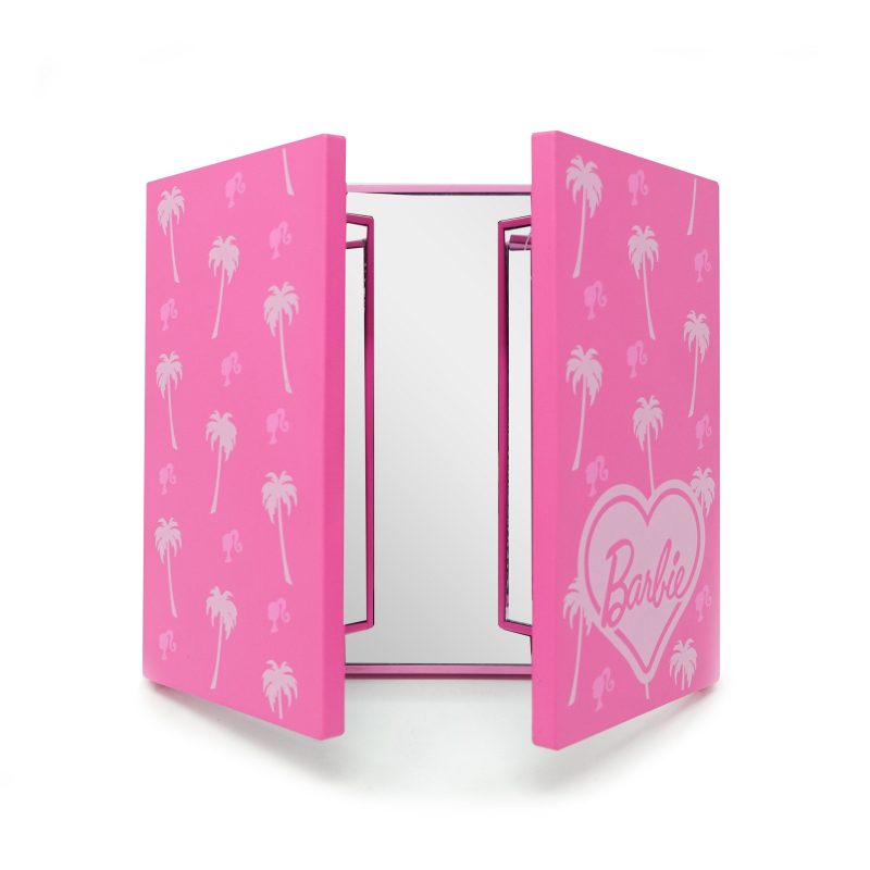 IVMM BBSM277 PNK BARBIE TRIFOLD MINI LED MAKEUP MIRROR FRONT OPEN HALF